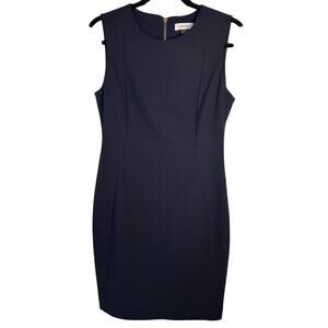 Calvin Klein Black Sheath Dress Size 8 Sleeveless Gold Zip Career Midi